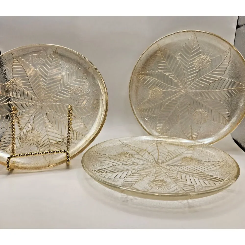 3 Vintage French Luminarc CHATAIGNIER‎ Plates Gold Iridescent Chestnut Tree